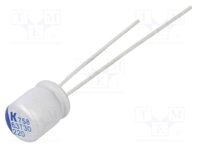 Capacitor: polymer; 220uF; 6.3VDC; ESR: 18mΩ; A758; THT; ±20%; 5000h