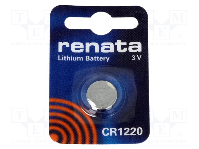 Battery: lithium; 3V; CR1220,coin; Batt.no: 1; Ø12.5x2mm; 40mAh