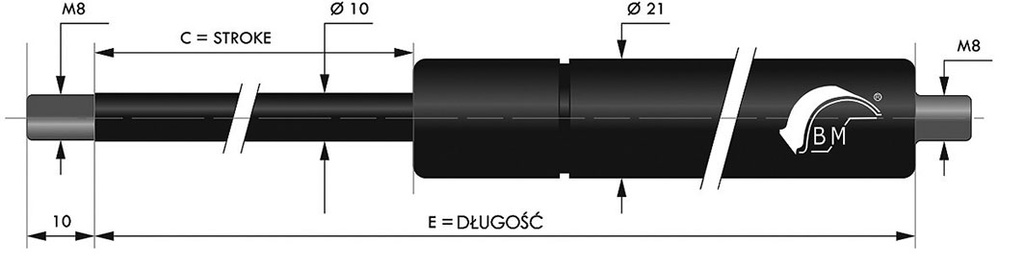 Gas spring; Thread: M8; E: 455mm; Øout: 21mm; Piston diam: 10mm