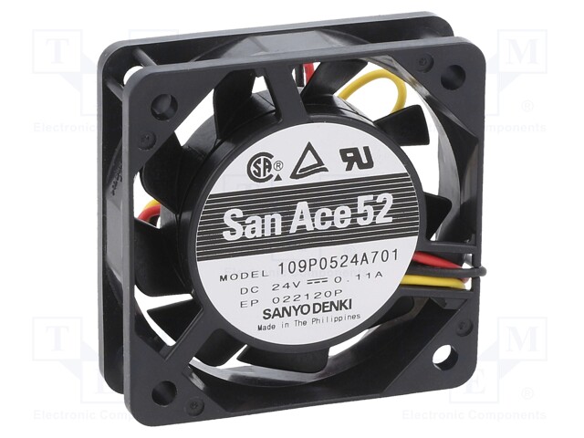 Axial Fan, 24 V, DC, 52 mm, 15 mm, 13.24 cu.ft/min, 0.375 m³/min