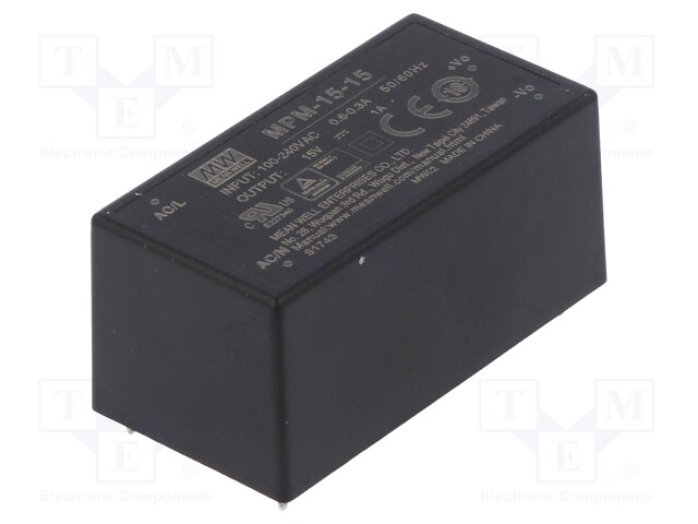 Power supply: switched-mode; modular; 15W; 15VDC; 52.4x27.2x24mm