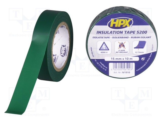 Tape: electrical insulating; W: 15mm; L: 10m; D: 0.15mm; green; 241%