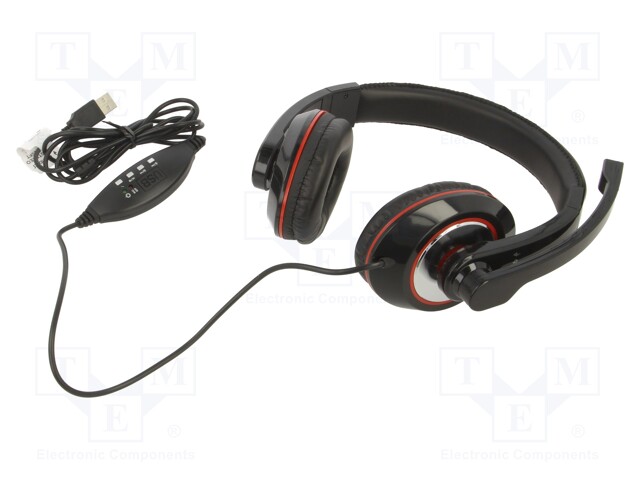 Headphones with microphone; black,red; USB A; headphones; 2m; 32Ω