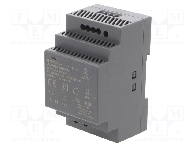 Power supply: switched-mode; 54W; 12VDC; 4.5A; 100÷240VAC; DIN