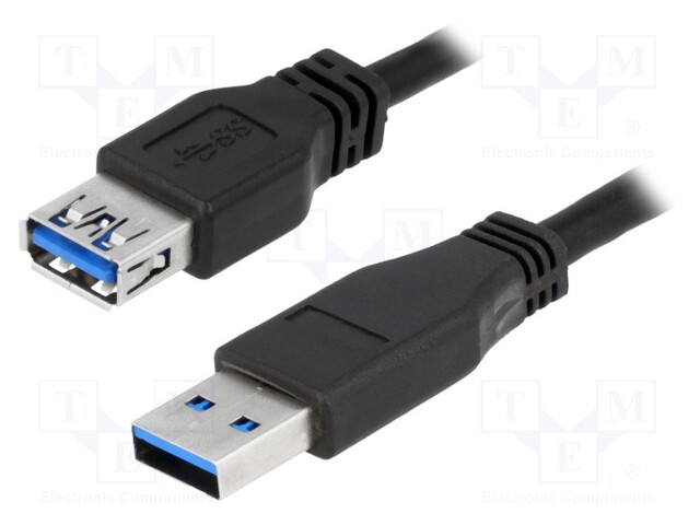 Cable; USB 3.0; USB A socket,USB A plug; nickel plated; 3m; black