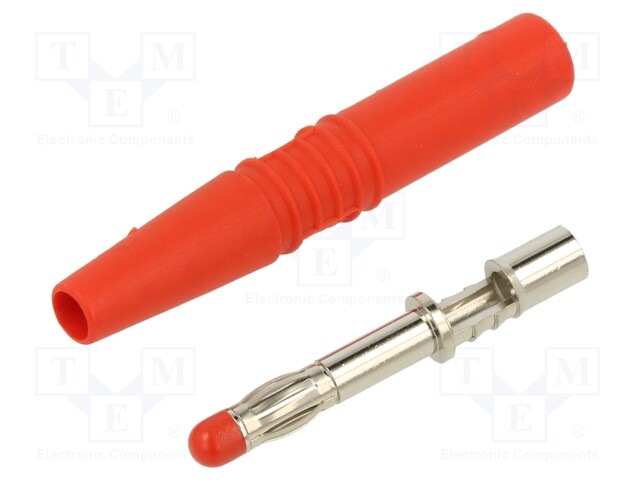 Plug; 4mm banana; 32A; 1kV; red; insulated; 2.5mm2; nickel plated