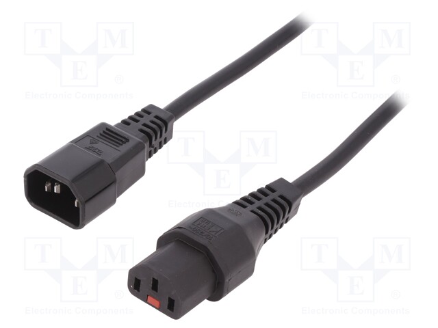 Cable; IEC C13 female,IEC C14 male; 3m; with locking; black; PVC