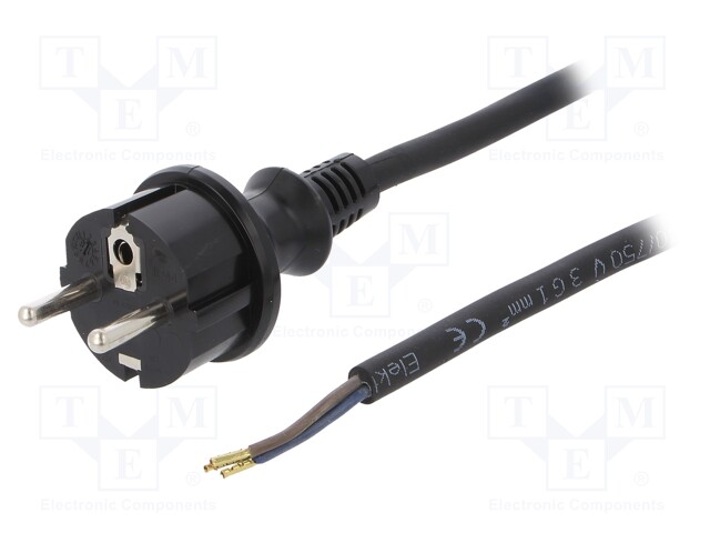 Cable; SCHUKO plug,CEE 7/7 (E/F) plug,wires; 2m; black; rubber