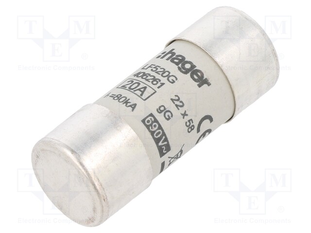 Fuse: fuse; gG; 20A; 690VAC; cylindrical,industrial; 22x58mm