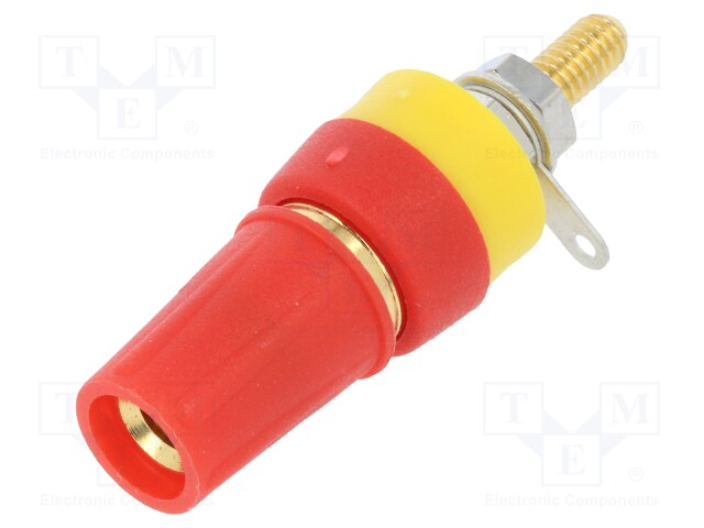 Socket; 4mm banana; 15A; 250VDC; L: 42mm; red; gold-plated; on panel