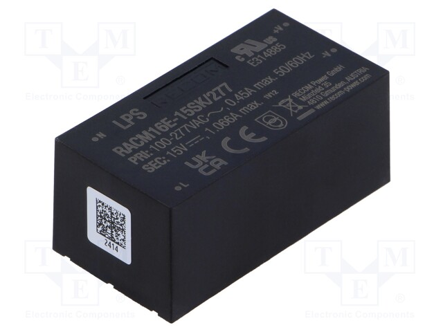 Converter: AC/DC; 16W; 85÷305VAC; Uout: 15VDC; Iout: 1066mA; 85%