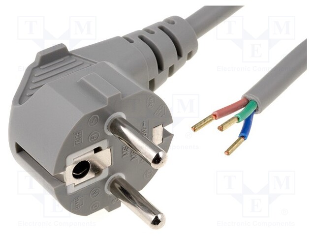 Cable; CEE 7/7 (E/F) plug angled,wires; 5m; grey; PVC; 3x1,5mm2