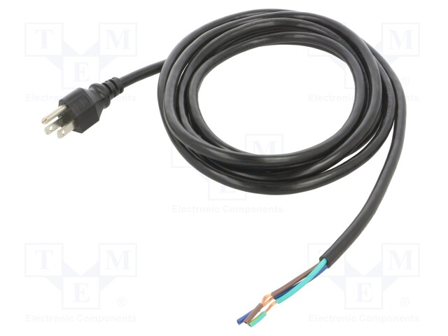 Cable; NEMA 5-15 (B) plug,wires; PVC; 3m; black; 3x16AWG; 13A; 125V