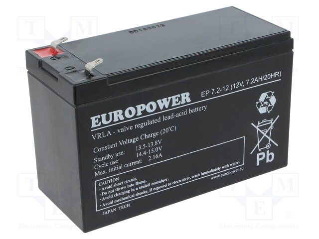 Re-battery: acid-lead; 12V; 7.2Ah; AGM; maintenance-free