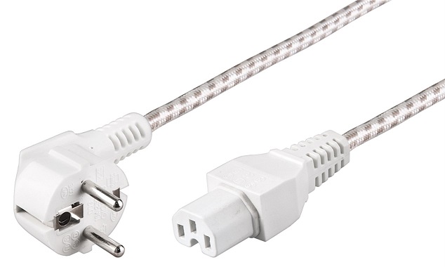 Cable; CEE 7/7 (E/F) plug angled, socket C15; 2m; white; textile braid