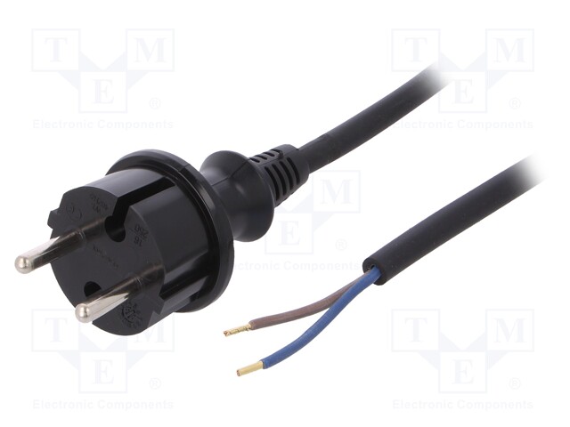 Cable; CEE 7/17 (C) plug,wires; 3m; black; PVC; 2x1mm2; 16A; 250V