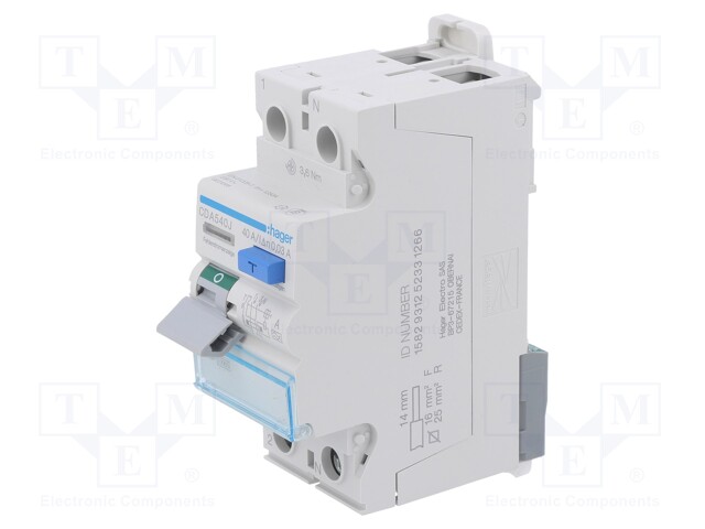 RCD breaker; Inom: 40A; Ires: 30mA; Max surge current: 250A; 240VAC