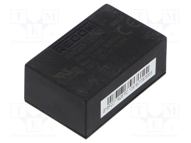 Converter: AC/DC; 3W; Uout: 12VDC; Iout: 250mA; 78%; Mounting: PCB