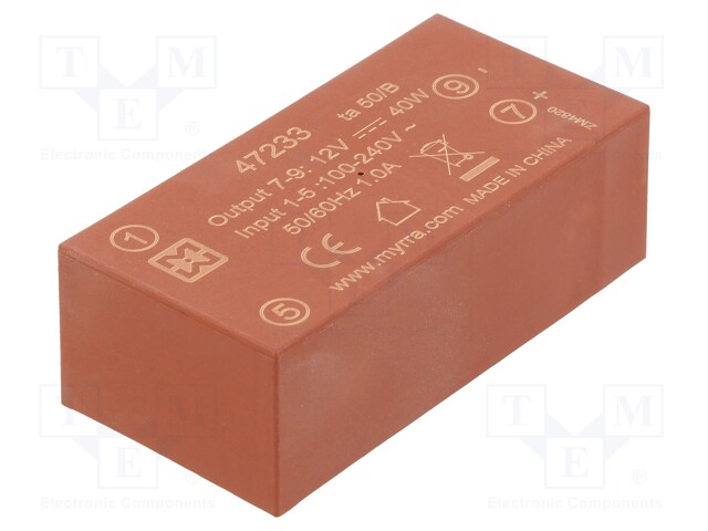 Converter: AC/DC; 40W; Uout: 12VDC; Iout: 3.3A; 85%; Mounting: PCB