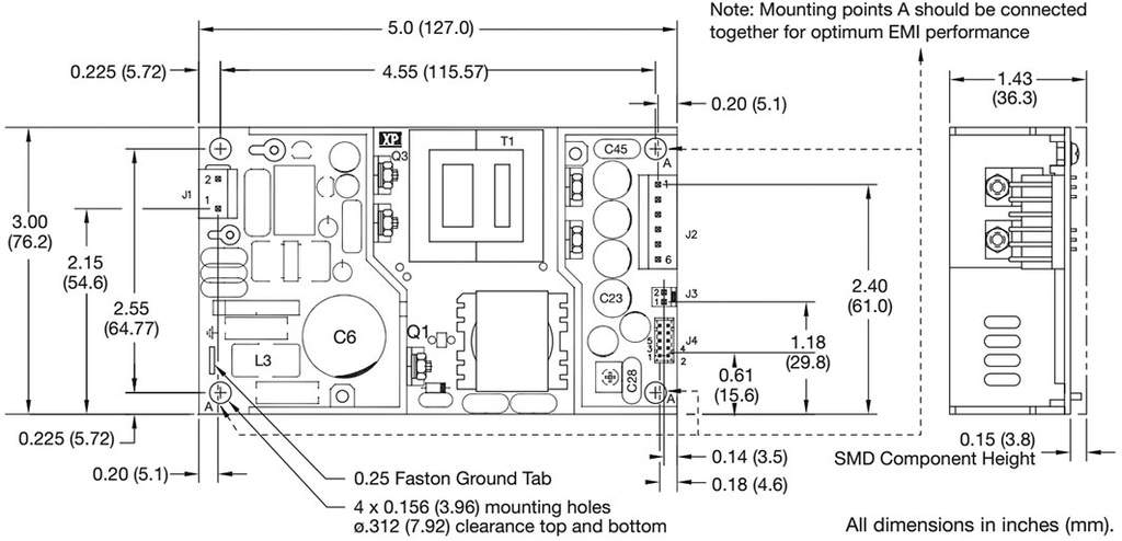 AC/DC Open Frame Power Supply (PSU), ITE & Medical, 1 Output, 180 W, 250W @ 7CFM, 85V AC to 264V AC