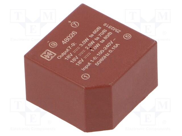Converter: AC/DC; 3W; Uout: 18VDC; Iout: 170mA; 72%; Mounting: PCB
