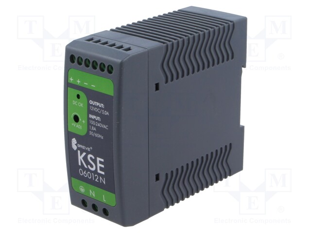 Power supply: switched-mode; for DIN rail; 60W; 12VDC; 5A; IP20