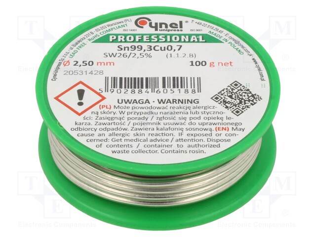 Soldering wire; Sn99,3Cu0,7; 2.5mm; 100g; lead free; Package: reel