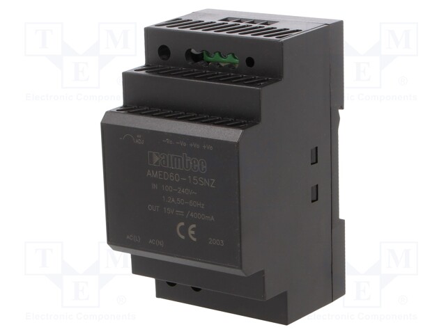 Power supply: switched-mode; 60W; 15VDC; 4A; 85÷264VAC; 175g; 89%