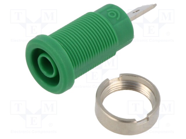 Socket; 4mm banana; 36A; 1kV; green; nickel plated; on panel,screw