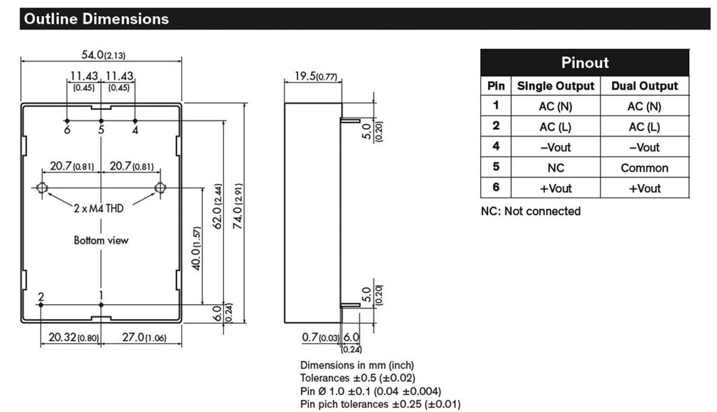 Converter: AC/DC; 24W; Uout: 12VDC; Iout: 1A; 84%; Mounting: PCB; 137g