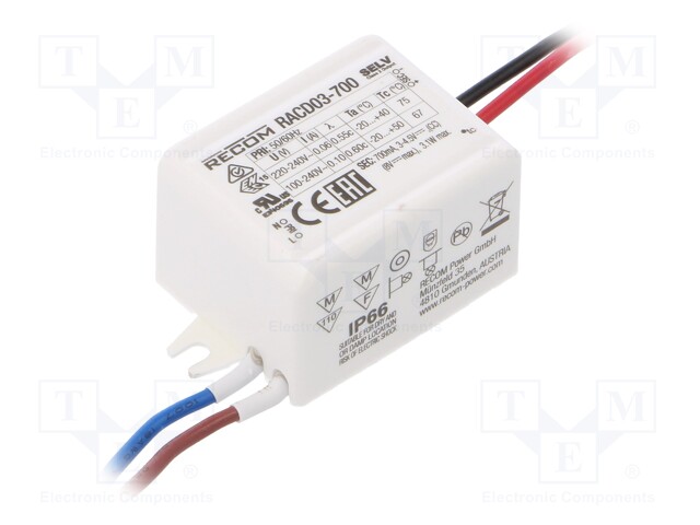 Power supply: switched-mode; LED; 3W; 3÷4.5VDC; 700mA; 90÷264VAC