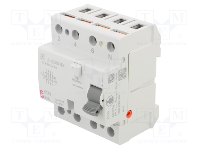 RCD breaker; Inom: 63A; Ires: 30mA; Poles: 4; 230/400V; DIN; IP20