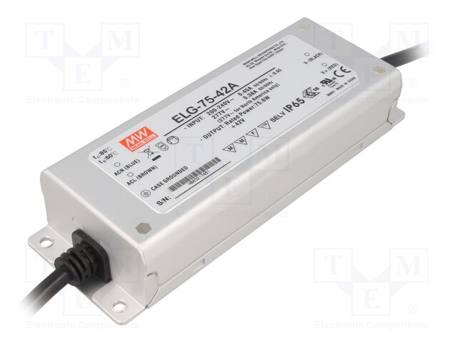 Power supply: switched-mode; LED; 75.6W; 42VDC; 37.8÷46.2VDC; IP65