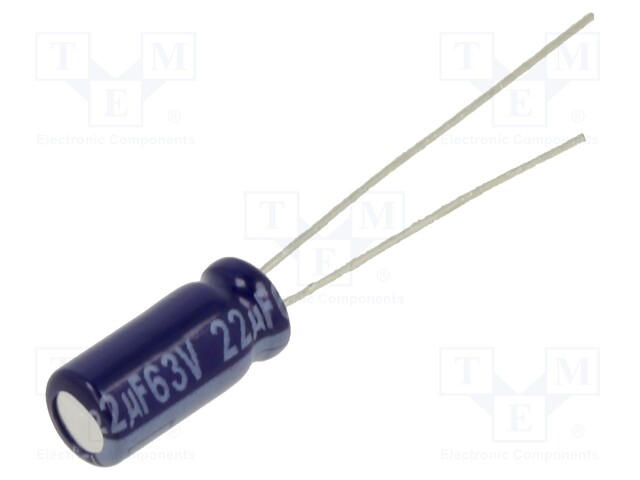 Electrolytic Capacitor, 22 µF, 63 V, M Series, ± 20%, Radial Leaded, 2000 hours @ 85°C