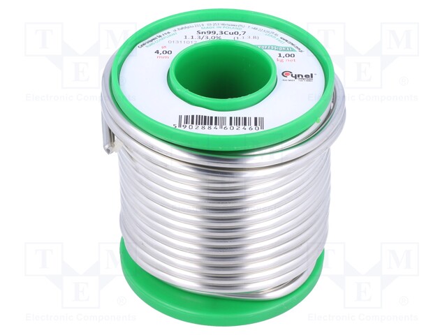 Soldering wire; Sn99,3Cu0,7; 4mm; 1000g; lead free; Package: reel