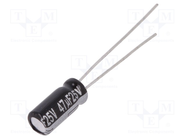 Capacitor: electrolytic; THT; 47uF; 25VDC; Ø5x11mm; Pitch: 2mm; ±20%