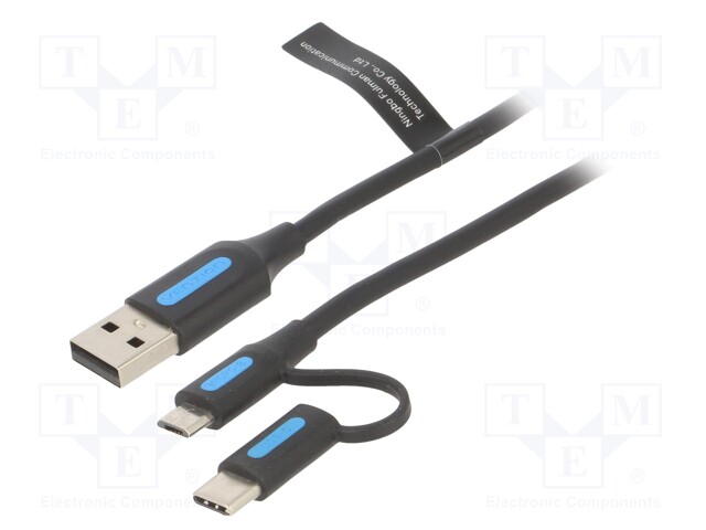 Cable; USB 2.0; USB A plug,USB B micro plug,USB C plug; 0.25m