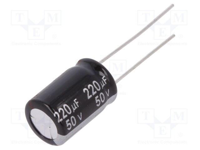 Capacitor: electrolytic; THT; 220uF; 50VDC; Ø10x16mm; Pitch: 5mm