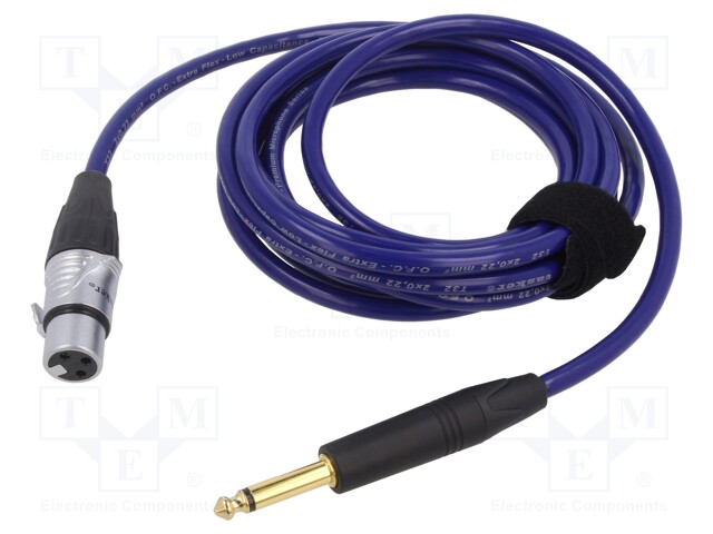 Cable; Jack 6,3mm 2pin plug,XLR female 3pin; 3m; blue; 0.25mm2