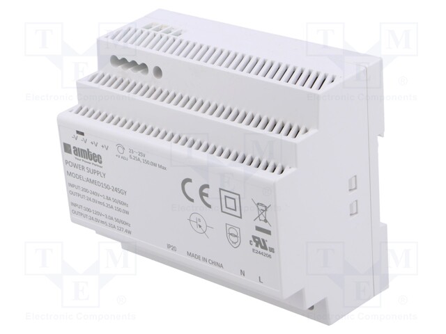 Power supply: switched-mode; for DIN rail; 150W; 24VDC; 6.25A