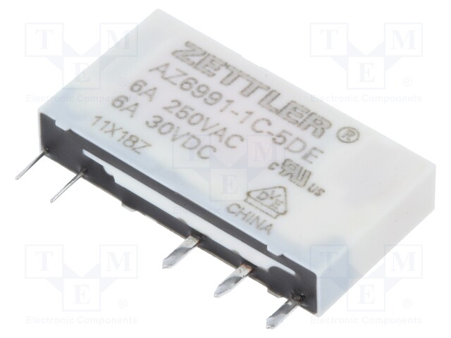 Relay: electromagnetic; SPDT; Ucoil: 5VDC; 6A/250VAC; 6A/30VDC; 8A