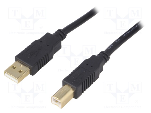 Cable; USB 2.0; USB A plug,USB B plug; gold-plated; 1m; black