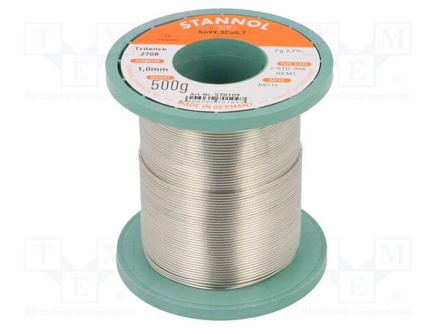 Soldering wire; Sn99,3Cu0,7; 1mm; 500g; lead free; Package: reel