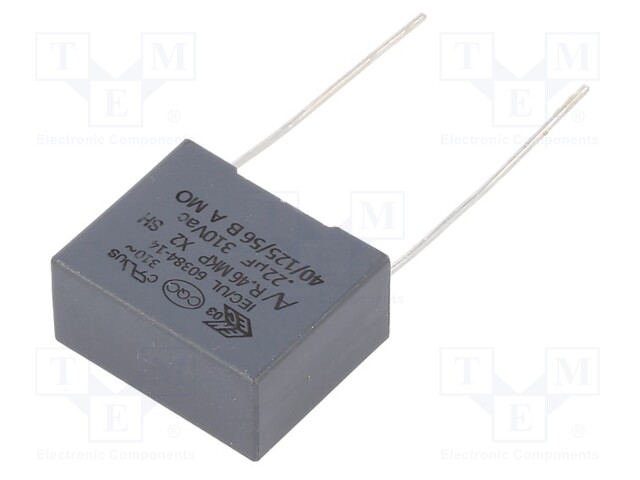 Capacitor: polypropylene; X2; 0.22uF; 15mm; ±10%; 18x14.5x8.5mm