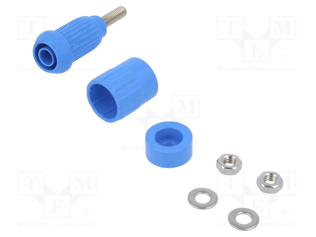 Socket; 4mm banana; 20A; blue; screw; insulated