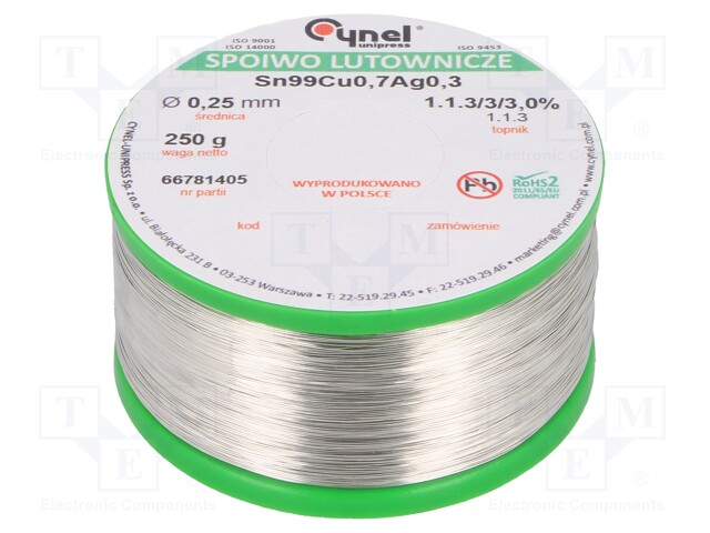 Soldering wire; Sn99Ag0,3Cu0,7; 250um; 250g; lead free; 216÷227°C