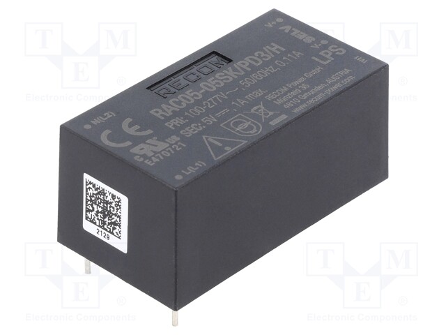 Converter: AC/DC; 5W; 90÷318VAC; 4VDC; Iout: 1000mA; 73%; 5400V; 58g