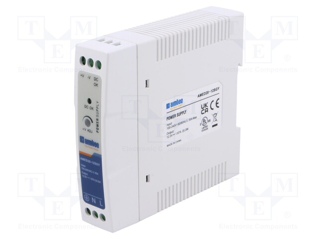 Power supply: switched-mode; for DIN rail; 20W; 12VDC; 1.67A; 3kV