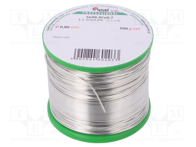 Soldering wire; Sn99,3Cu0,7; 0.8mm; 500g; lead free; Package: reel