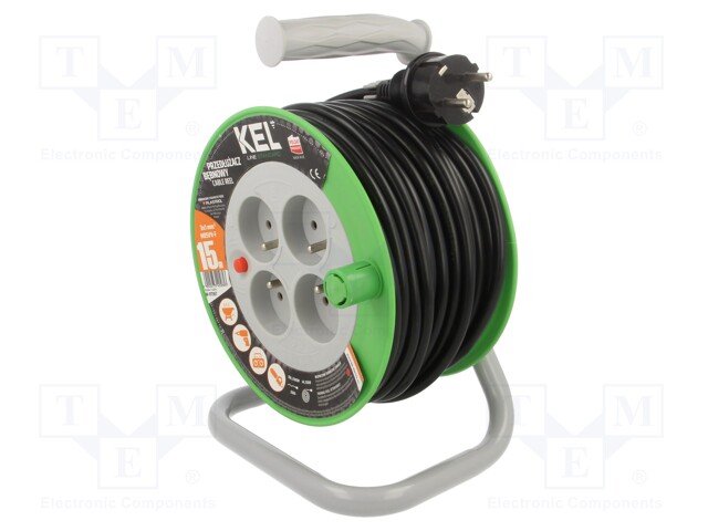 Extension lead; reel; Sockets: 4; PVC; black; 3x1mm2; 15m; 10A